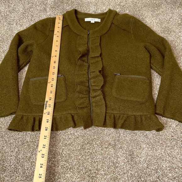 LOFT Merino Wool Jacket ruffle edges olive green zip up pockets career SZ M PT - Picture 6 of 10